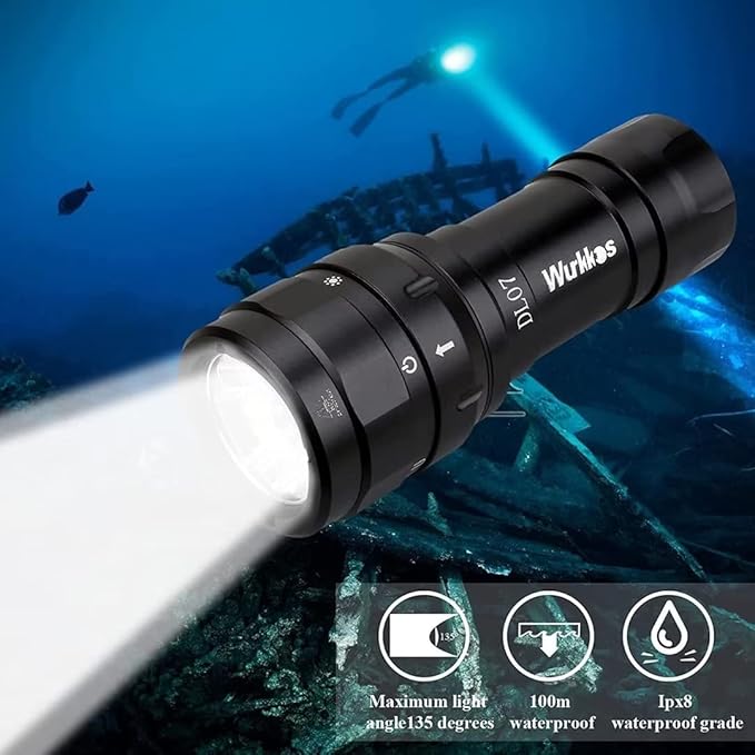 Wurkkos DL07 Dive Light 3000LM,100M Dive Flashlight 90CRI Scuba Dive Light Rechargeable Diving Light Underwater Video Light with Ball Joint Rotary Switch Submarine Light