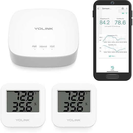 YoLink Smart Temp & Humidity Sensor, LoRa Long Range, 2 Year Battery, Indoor Monitoring for Wine Cellar, Bedroom, Nursery, Greenhouse, RV, with App, Email & SMS Alerts, Alexa IFTTT, 2 Pack + Hub