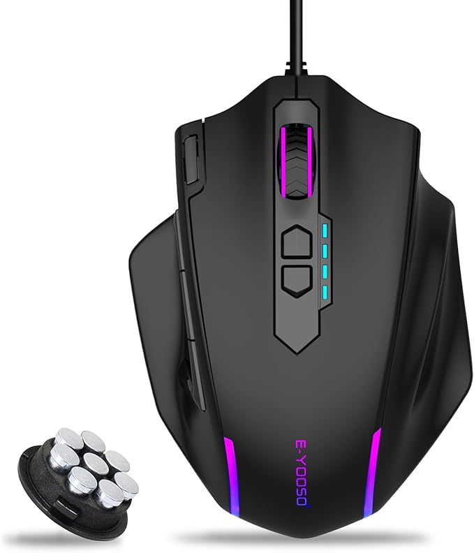 E-YOOSO Wired Large Gaming Mouse, RGB Backlit, 5 Macro Side Buttons, 200-12400 DPI, 11 Programmable Buttons, Rapid Fire Button, Adjustable Weights, Software Supports, Ergonomic for PC/Mac, Black