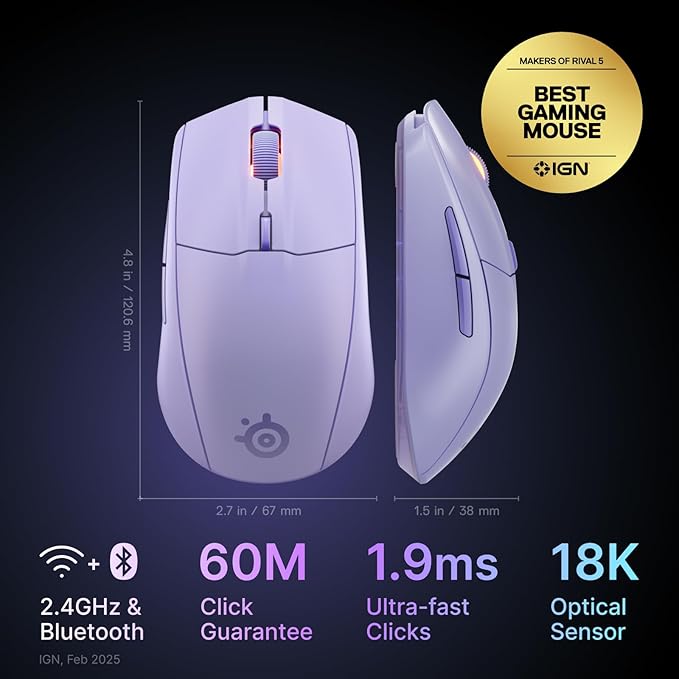 SteelSeries Rival 3 Wireless Gen 2 Gaming Mouse — 2.4GHz and Bluetooth — 18000 DPI TrueMove Air Optical Sensor — 60 Million Click Durability — Light-Weight — 100% PTFE Feet — Lavender