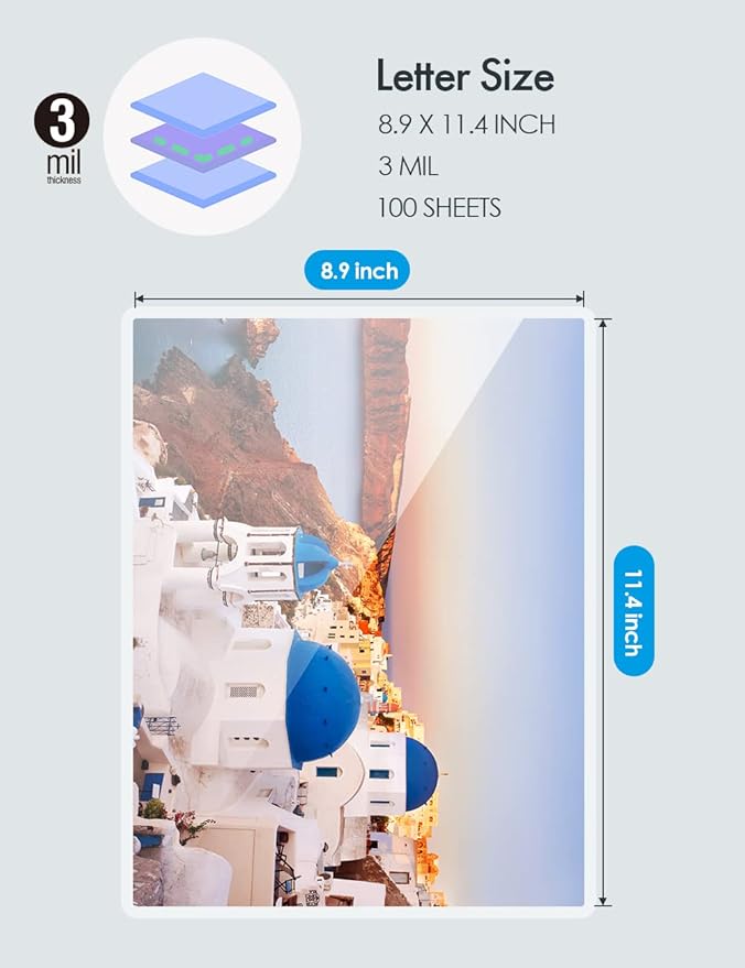 Thermal Laminating Pouches for Laminator, 5Mil Thickness, Letter Size Sheet 8.9×11.4inches, 100-pack, Clear