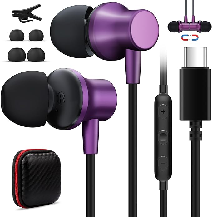 USB C Wired Earbuds for iPhone 17 16e 16 15 Plus Samsung Z Flip 6 Fold 5, Type C Headphones with Mic Magnetic Noise Canceling in-Ear Earphone Headset for iPad Air Pro Oneplus 13 Galaxy S25 S24 Pixel 8