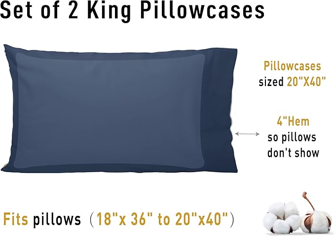 Sunflower King Pillowcases Set of 2, 100% Cotton King Size Pillow Cases 2, 20×40 inches Crown Blue, Soft and Breathable