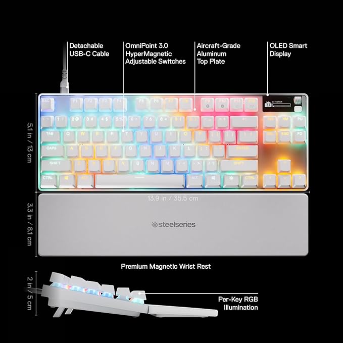 SteelSeries Apex Pro TKL Gen 3 White OmniPoint 3.0 Switches — Adjustable Actuation — Rapid Trigger — Game-Ready Presets — Protection Mode — Rapid Tap/SOCD — OLED — RGB — PBT Keycaps — USB-C