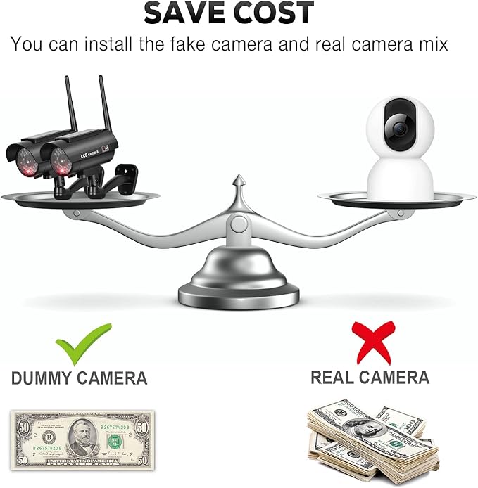 BNT Solar Powered Fake Security Camera, Bullet Dummy Security Camera Simulated Surveillance System with Realistic Red Flashing Light Sensor and Warning Sticker for Indoor/Outdoor(2Pack, Black)