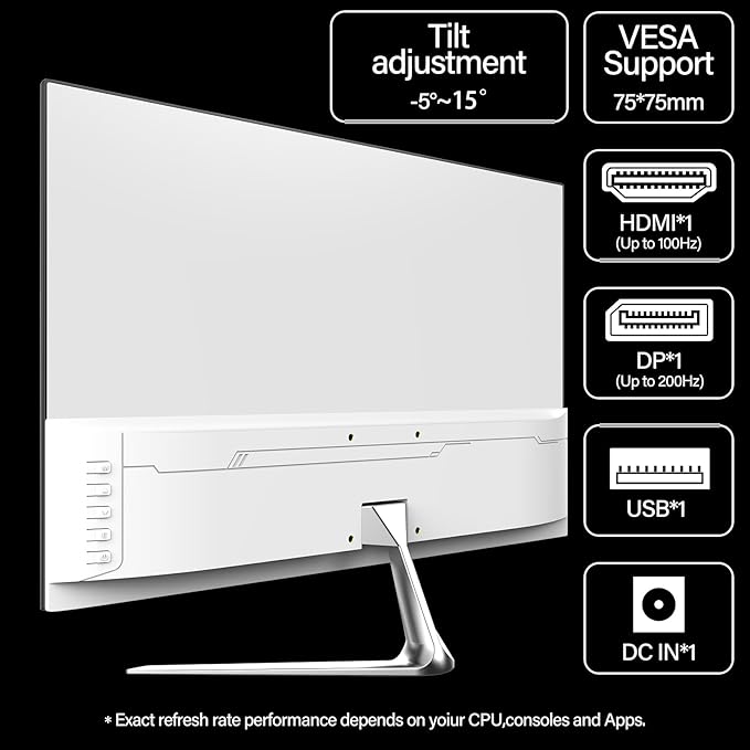 Gaming Monitor 24.5 Inch 200Hz Built-in Speakers, 180hz PC Monitor FHD 1080P Frameless Computer Monitors, VA,sRGB 100%, DisplayPort, HDMI, Eye Care, Wall Mount Compatible (White)