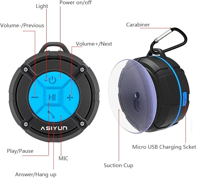 Shower Speaker, IPX7 Waterproof Bluetooth Speaker, Loud HD Sound, Portable Wireless Speaker with Suction Cup & Sturdy Hook, Built-in Mic, for Shower, Pool, Beach, Outdoor(Blue)