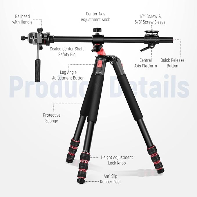 NEEWER 73.6" Horizontal Tripod with Multi Angle Center Column, Ball Head & Central Axis Platform, Heavy Duty Aluminum Camera Tripod Monopod 360° Pan 180° Tilt for Overhead/Macro Shots, Max Load 22lb