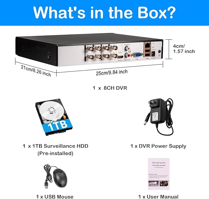 8 Channel 5MP H.265+ Security DVR Recorder with AI Human Detection, 8CH Hybrid 6-in-1 CCTV DVR for Surveillance Camera, Supports 8CH Analog and IP Cameras, Mobile APP & PC Remote(1TB Hard Drive)