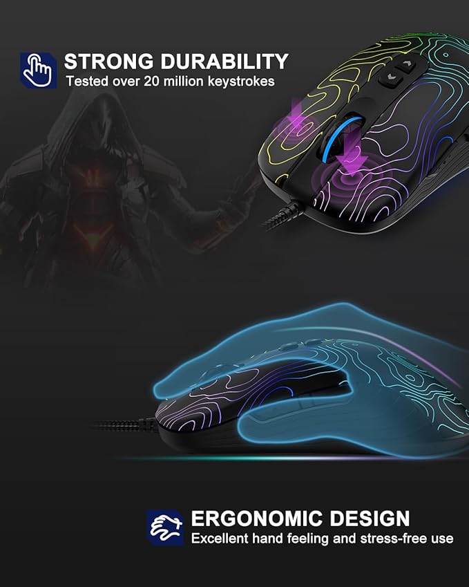 Womier G705 USB Wired Gaming Mouse for PC Computer Windows Mac Laptop, Lightweight Silent RGB Backlit Mouse with Adjustable 12000DPI/7 Programmable Side Buttons,Kanagawa Theme (Black Topographic)