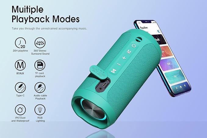 EDUPLINK Bluetooth Speaker IPX7 Waterproof Wireless Speaker with Bass 20H Playtime TWS Stereo Pairing Portable Outdoor Speakers for Beach Camping Travel Gifts for Men Women Girls Boys Teens Teal