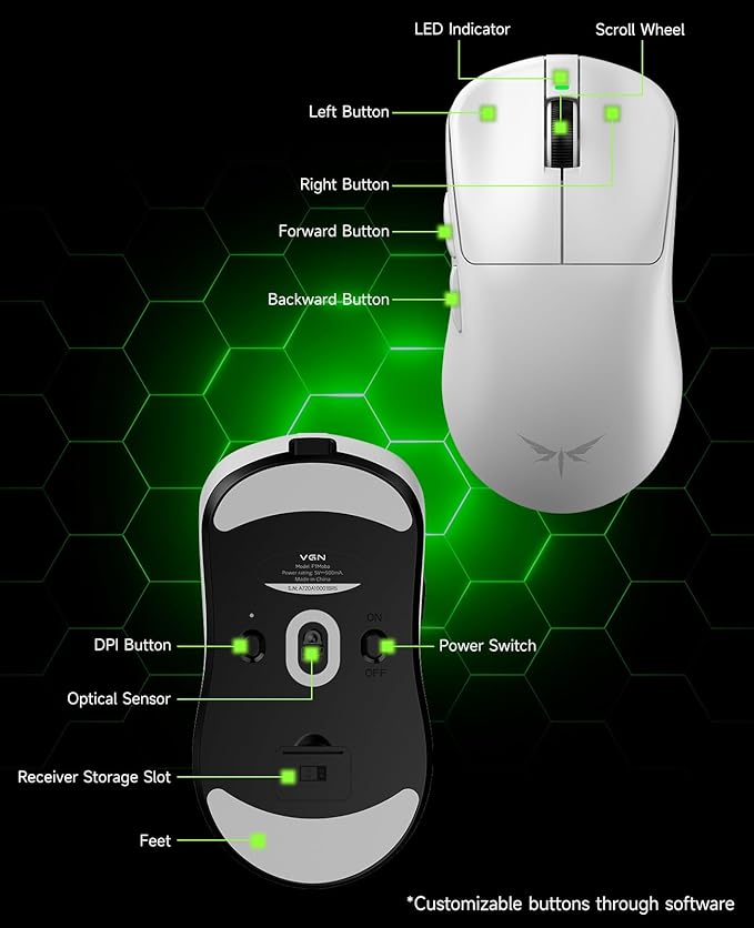 VGN F1 MOBA Wireless Gaming Mouse - Ultralight 55g - Wireless & Wired Mode - 26000 Adjustable DPI - 1000Hz Polling Rate - 200 Hours Battery - Programmable Buttons - Esports Professional Grade - USB-C