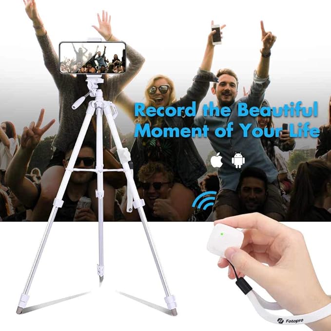 59'' Camera Tripod, Fotopro Portable Tripod for iPhone with Bluetooth Remote, Aluminum Video Camera Tripod for Canon Action Camera with 3-Way Head & Adjustable Phone Mount