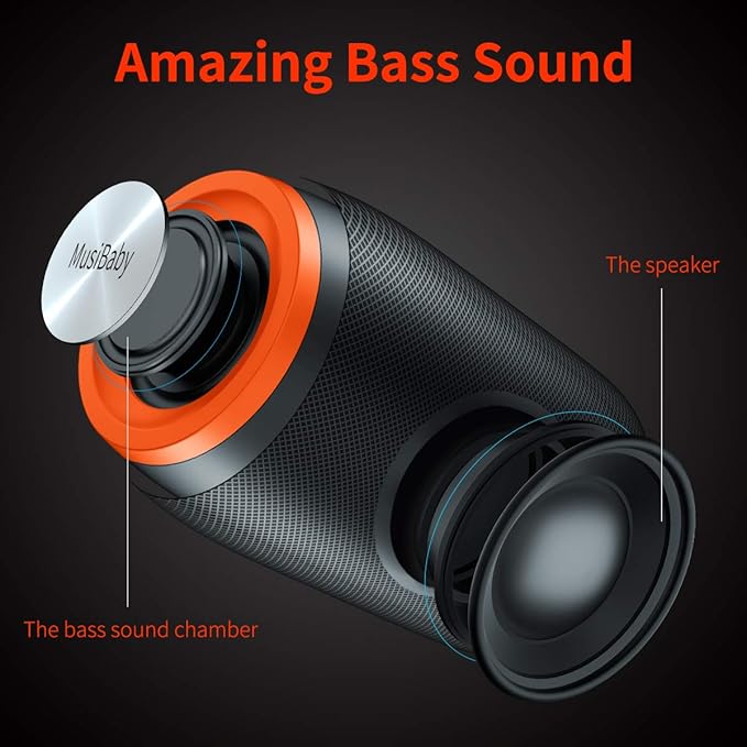 Bluetooth Speaker,MusiBaby Speakers Bluetooth Wireless,Waterproof,Outdoor,Portable Speaker with Stereo Sound,Booming Bass,Dual Pairing,Bluetooth 5.3,24H Play,Speaker for Home,Party,Travel,Gifts-Orange