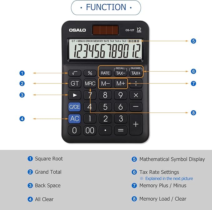 Pocket Small Size Desk Calculator, 12 Digit Large LCD Display, Basic Tax Function Handheld Desktop Calculator with Solar Battery Dual Power, Perfect for Office, School, Business OS-12T (Black)