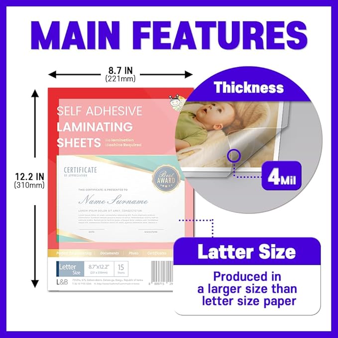 No Heat Laminating Sheets Self Sealing 15, 20, 25, 50, 100 Pack, 4mil Thickness, No Machine Self Adhesive Laminating Sheets by HA SHI (15 Sheets(Letter Size,9x12 Inch) Transparent, Letter Sizes)