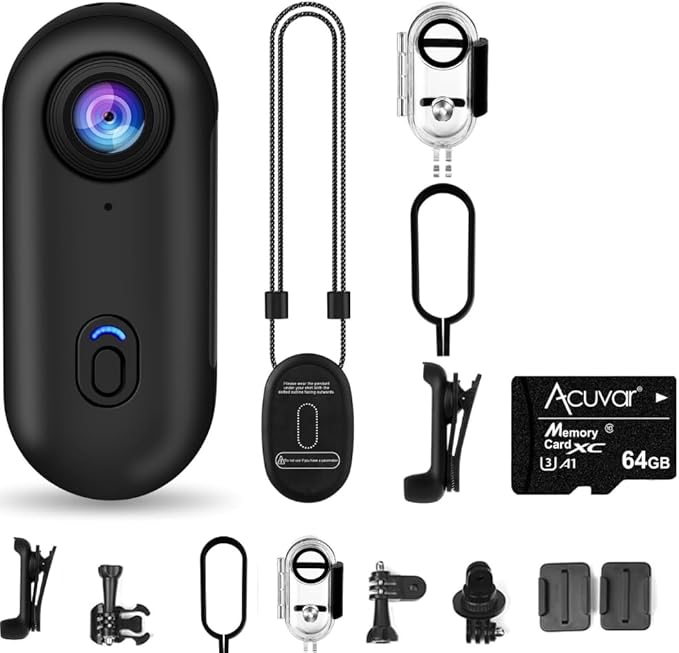 64GB FHD 1080P Mini Body Camera, Wearable Action Body Cam, Thumb Size Hands Free Recording Body Worn Camera, Premium Portable Camcorder Mount Anywhere for Pet Walking, Work, Travel (Black)