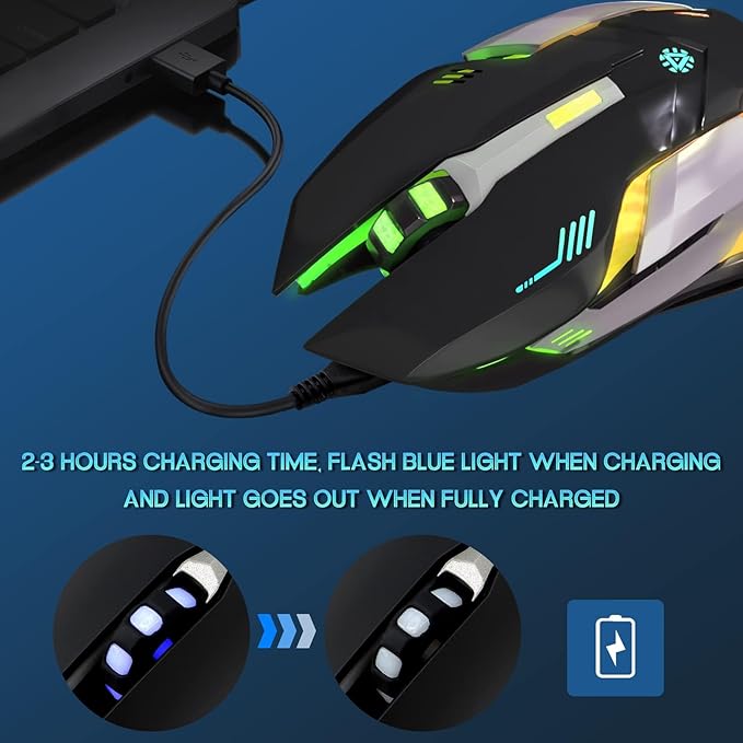 VEGCOO Wireless Gaming Mouse, C8 Silent Click Wireless Rechargeable Mouse with Colorful LED Lights and 3 Level DPI 400mah Lithium Battery for Laptop and Computer (Black)