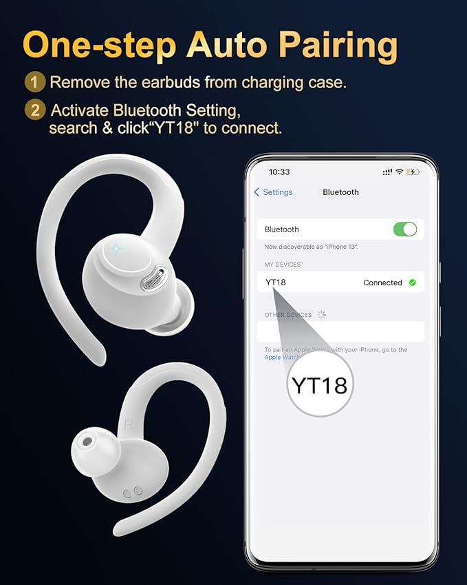 Wireless Earbuds, Bluetooth 5.4 Headphones Sport, Over Ear Buds With ENC Noise Cancelling Mic, 48H, Wireless Earphone With Earhooks, Stereo Deep Bass, IP7 Waterproof ear bud for Workout Running, White