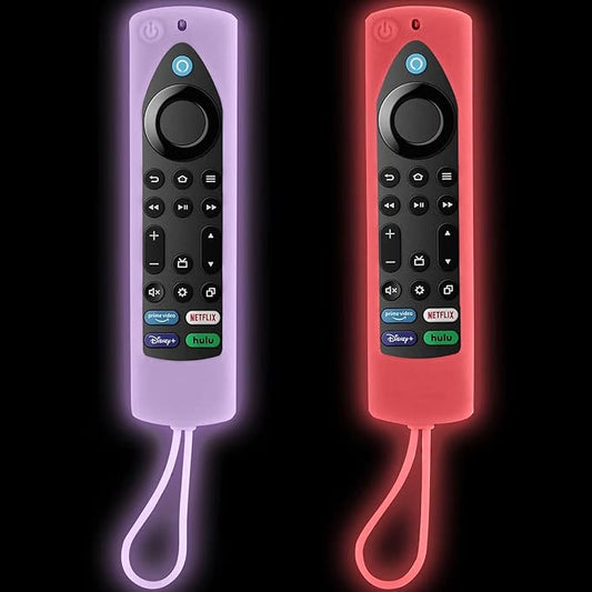 [2-Pack] Climberer Glow in The Dark Covers for Fire 4K Max (2nd Ed.) | FireStick TV | FireCube | Compatible with(Insignia, Toshiba, Pioneer, Omni) Remote - with Lanyard（Luminous red + Purple）