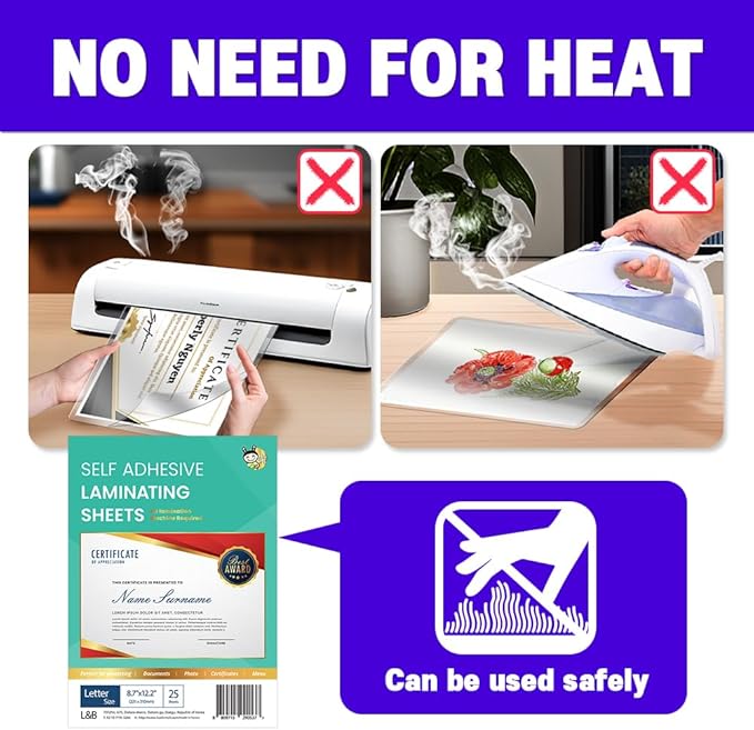 No Heat Laminating Sheets Self Sealing 8.5 x 11 Inch, 25 Pack, 4mil Thickness, Transparent, No Machine Self Adhesive Laminating Sheets, Protect documents and Photos [Letter Size] by HA SHI