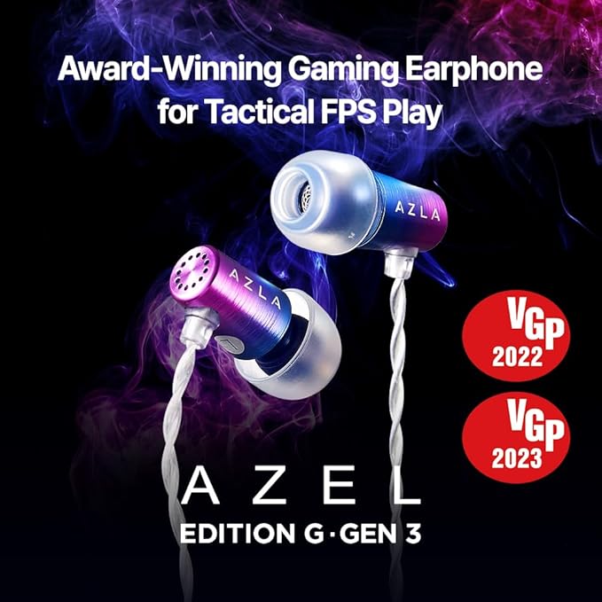 AZLA AZEL GEN 3 Gaming Earbuds with Mic – Award-Winning IEMs Tuned for FPS Games – Compatible with PS5, Xbox, PC –Positional Audio & Clear Voice Chat– Wired Gaming Headset for Gamers (Purple Blue)