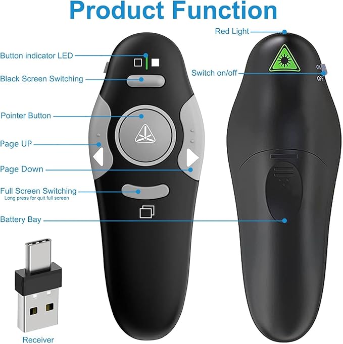 USB/Type-C 2 in 1 Presentation Clicker for PowerPoint Presentation Remote, 2.4GHz Wireless Presenter Remote USB Google Slide Advancer PPT PowerPoint Clicker for Mac, Computer, Laptop