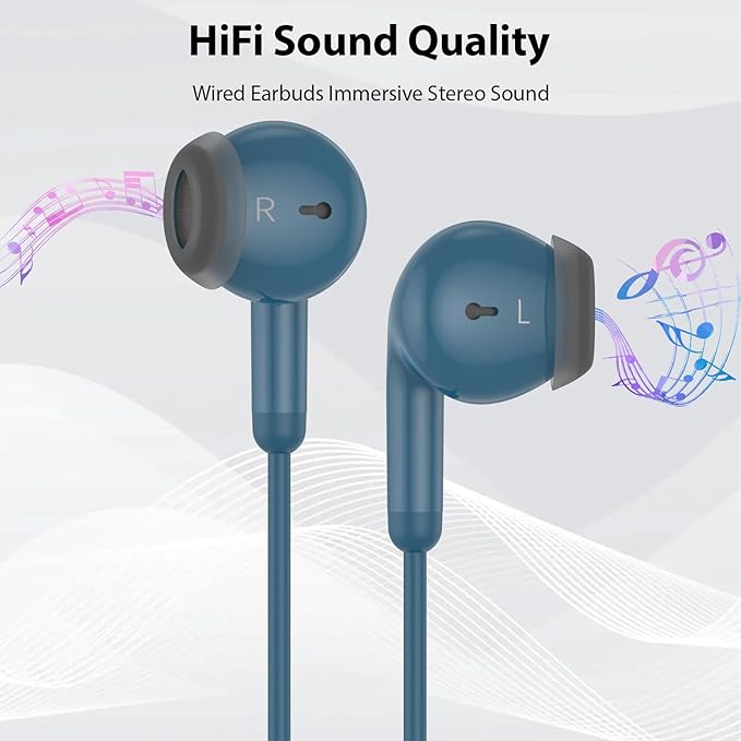 USB C Earbuds USB Type-C Headphones for iPad 10th Generation iPhone 17 16 Pro 15 Plus Galaxy S21 Wired Headphone Earphones with Microphone Volume Control Noise Isolating HiFi Stereo Headset Lake Blue