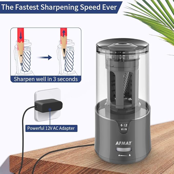 AFMAT PS91 Electric Pencil Sharpener, Heavy Duty Pencil Sharpeners for 6-12mm No.2/Colored Pencils, Auto Stop, Super Sharp & Fast, Electric Pencil Sharpener Plug in for Office, Home - Gray