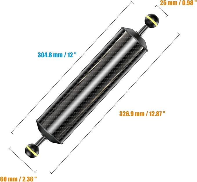 Sea frogs Carbon Fiber Float Arm D60mm, 12'', for Ultralight, Aquatic Arm, Buoyancy Provided 580g, Underwater Camera System Diving Tray Video Light/Strobe GA-8