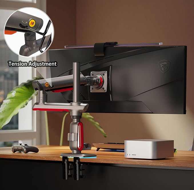 NB Extra Height Gaming Monitor Arm for 32 to 60 Inches Screen, Load up to 20 kg, VESA 75/100, RGB-Light, Heavy Duty, Multi Angle Adjustable, Premium Aluminum, Long Arm Extension Red