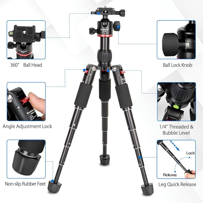 Koolehaoda Mini Desktop Tripod 18" Aluminum Camera Tripod with 360° Ball Head and Two 1/4" Arca Type QR Plates for DSLR Camera, Video Camcorder, Load up to 13lb/6kg