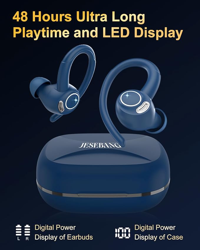 Wireless Earbuds, Bluetooth 5.4 Headphones Sport, Over Ear Buds with ENC Noise Cancelling Mic, 48H, Wireless Earphone with Earhooks, Stereo Deep Bass, IP7 Waterproof Ear Bud for Workout Running, Blue