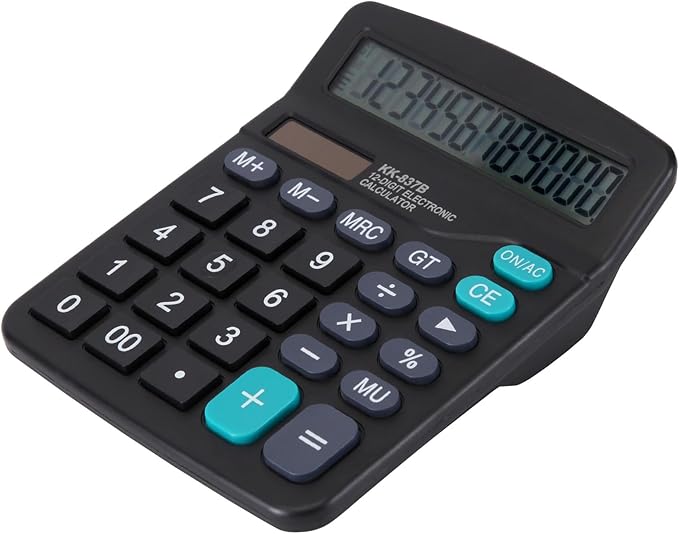 Desk Calculator 12 Digit Office Calculators with Large Screen Display, Dual Solar Power and Battery, Recessed Big Button Calculator for Office Home School (Black)