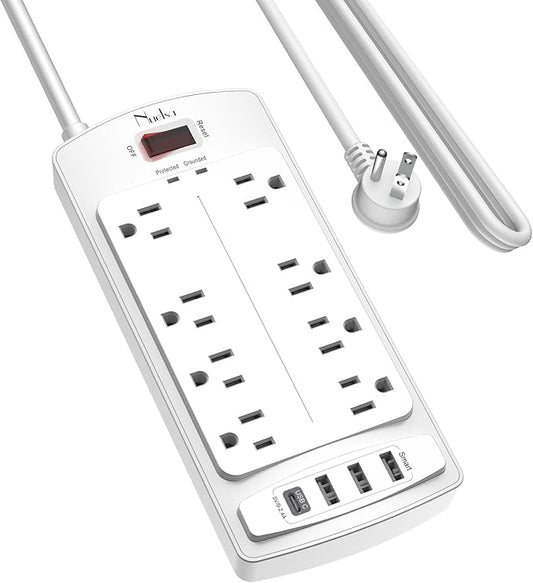 Surge Protector Power Strip - Nuetsa Flat Plug Extension Cord with 8 Outlets and 4 USB Ports, 10 Feet Power Cord (1625W/13A), 2700 Joules, ETL Listed, White