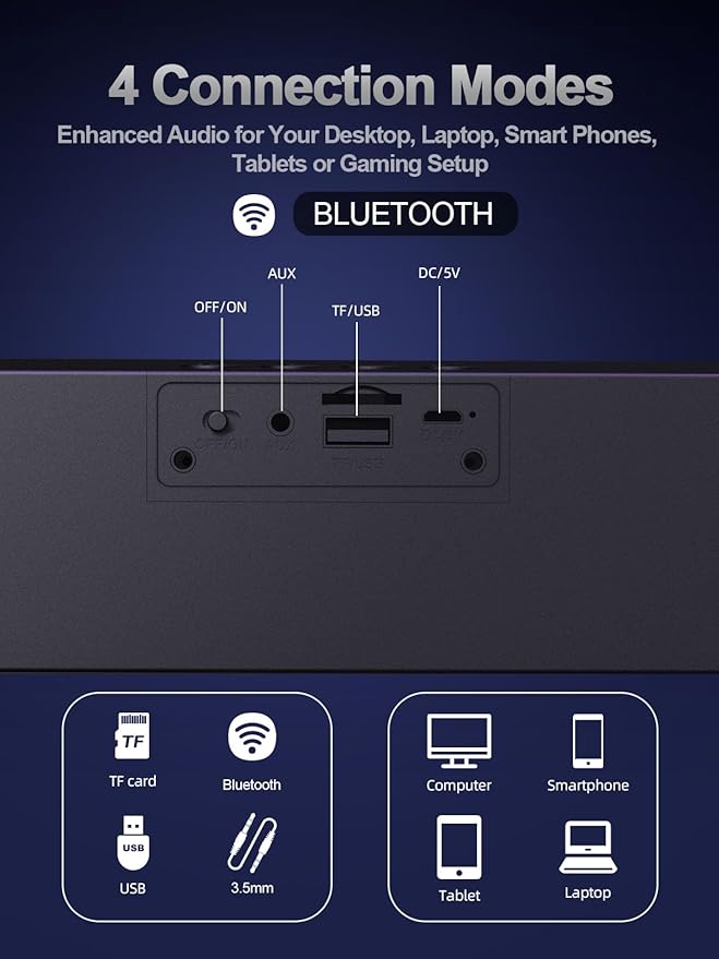 Computer Speakers, 24W Bluetooth Computer Soundbar, 3.5mm Aux-in Computer Speakers for Desktop Monitor, Computer Sound Bar with Deep Impactful Bass, Gaming Speakers for PC,Laptop,Tablet