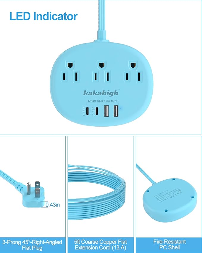 Blue Extension Cord with Surge Protected 1080J - 5 FT Flat Extension Cord, 1625W Cute Extension Cord with 3 AC Outlet 4 USB (24W/4.8A), Compact for Cute Blue Kawaii Desk Accessories