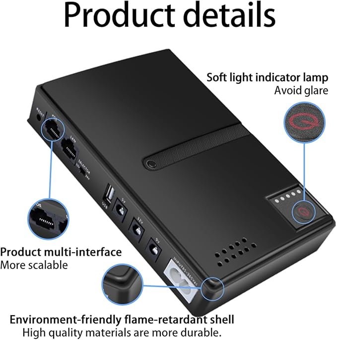 UPS Power Supply, 10400mAh Battery Backup Power Supply, 36W USB 5V DC 5V 9V 12V POE 15V 24V 6 Outlets, Small Lightweight for Security Camera Router (US Plug)