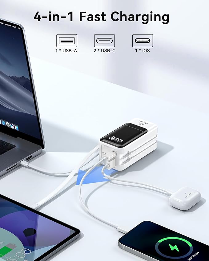 Portable Charger, 65W Power Bank Fast Charging, USB C Battery Pack with Built in Cable, 4 Outputs Powerbank, Travel Essentials Compatible with iPhone 17 16 15 14 13 iPad MacBook Pro Samsung Dell XPS
