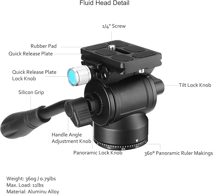 Travel Tripod, 68" Camera Fluid Tripod Lightweight Aluminum Portable for DSLR/SLR Cameras, Video Camcorders, Action Cameras, Phones, Telescopes...11lbs (TM66-FB1)