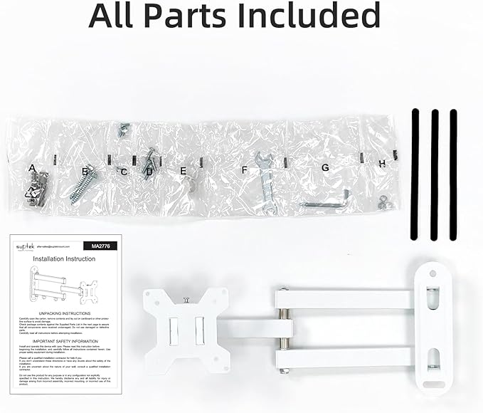 Suptek Full Motion TV Wall Mount Bracket for Most 13-30 inch TVs and Monitors, Flat and Curved TVs up to 28lbs, Tilt Swivel and 16.9 inch Extension, Max VESA 100x100mm, White, MA2776W