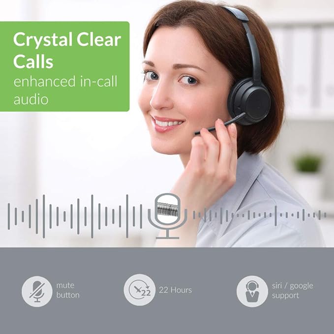 Avantree AH6B - Bluetooth On Ear Headphones with Detachable Mic for Work in Office or at Home, Premium Sound, 22 Hrs Playtime, Soft Padding, Lightweight, Wireless & Wired for Phone PC Laptop, Black