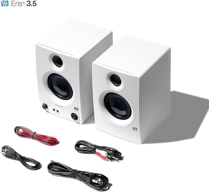 PreSonus Eris 3.5 Studio Monitors (White), Pair — 3.5" Inch Powered Bookshelf Speakers, Stereo, Desktop Computer, Near Field Music Production, Audio Mixing Recording