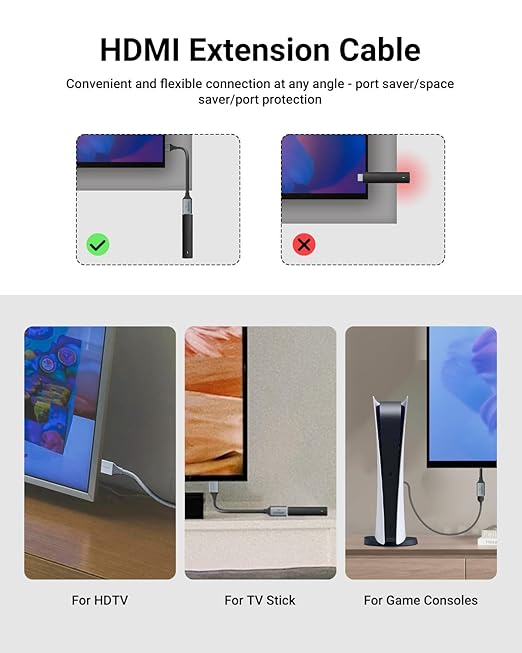 VCELINK 8K Short HDMI Extender Cable 0.6 FT Ideal for Tight Spaces, HDMI Extension Male to Female Adapter, Compatible with Roku TV Stick, HDTV, Game Console, Laptop (1 Pack, 0.6FT)