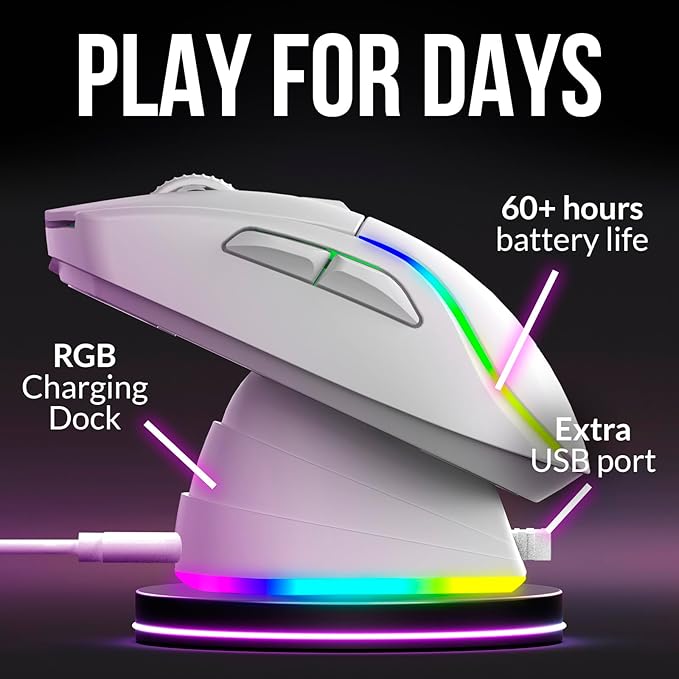 KLIM Blaze Y RGB Rechargeable Wireless Gaming Mouse with Charging Dock - High-Precision Sensor and Long-Lasting Battery - Up to 6000 DPI - PC Gaming Mouse - Wired and Wireless Mouse for PC - White