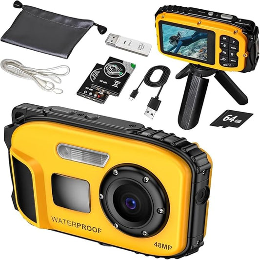 Underwater Camera with 64GB Card,48MP HD Bare-Body 11FT Waterproof Camera for Snorkeling Compact Floatable Digital Camera 2 Batteries and Tripod Come Together (Yellow)