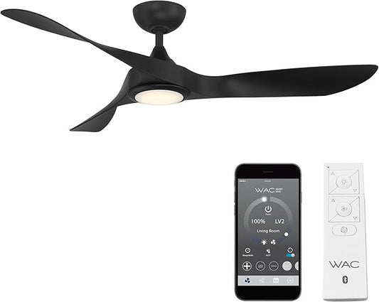 WAC Smart Fans Swirl Indoor and Outdoor 3-Blade Ceiling Fan 54in Matte Black with 3000K LED Light Kit and Remote Control works with Alexa and iOS or Android App