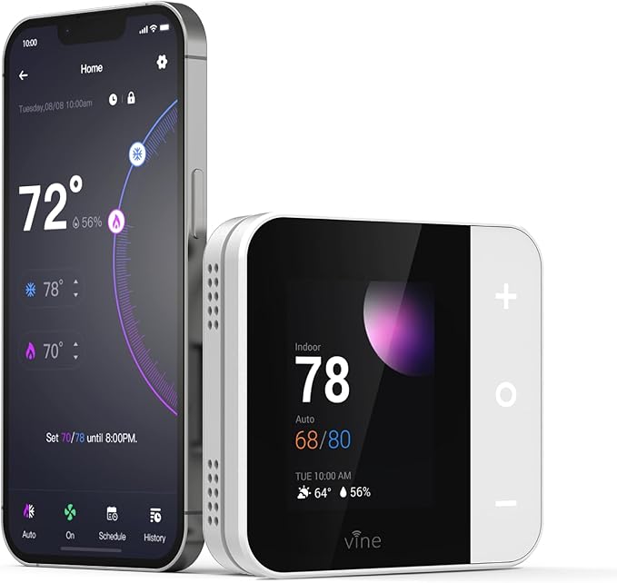 Vine Thermostat for Home with Touchscreen Color Display, WiFi Smart Thermostat Compatible with Alexa and Google Assistant, 7day/8period Programmable, Energy Saving, C-Wire Required, Screen Size 2.8"