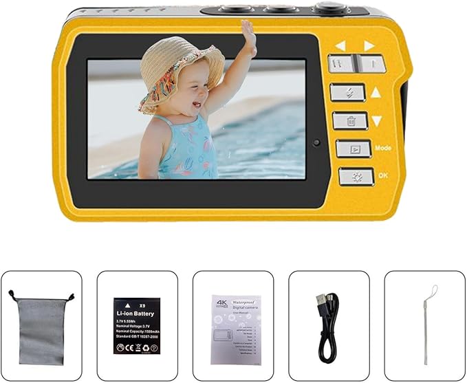 4K Underwater Camera, Full HD 4K&48MP Compact, 10FT Waterproof Camera for Snorkeling, Surfing, Rafting, Dual-Screen for Selfie/16X Digital Zoom/Fill Light/Support 128GB （Yellow）