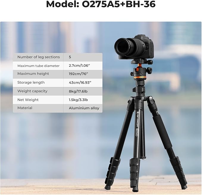 K&F CONCEPT 76" Camera Tripod, Travel Tripod for Camera with 360° Ball Head & Phone Holder, Max Load 17.6lbs, Detachable Monopod, Compact Tripod for DSLR/Smartphone Photography